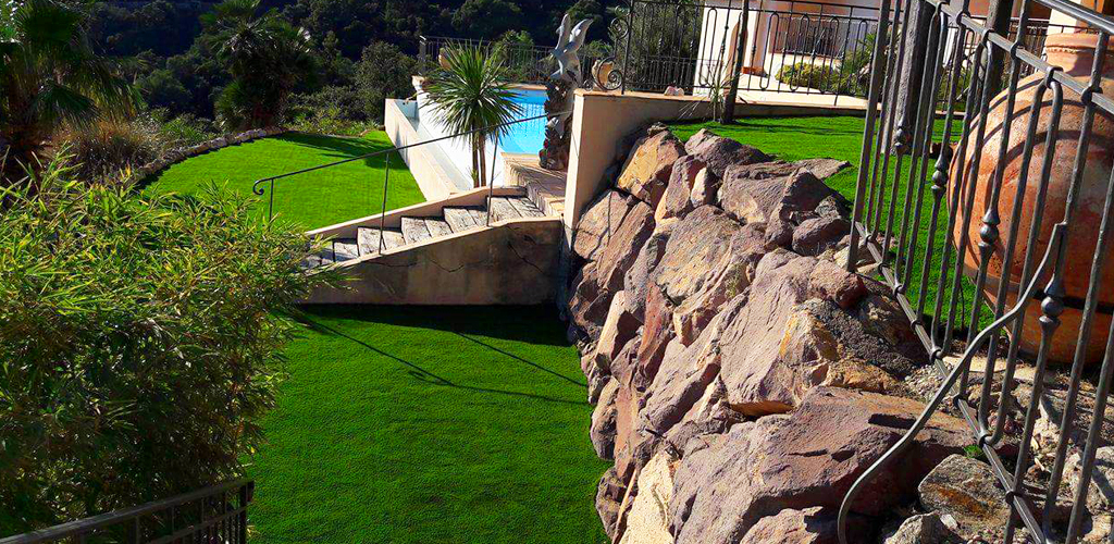Artificial grass in a large garden