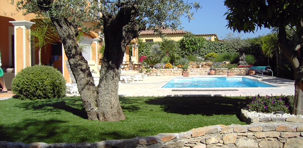 Beau jardin avec piscine et gazon synthétique